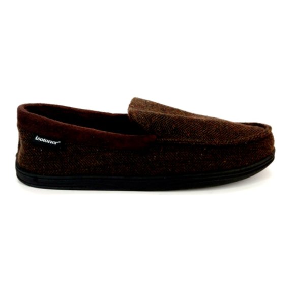 isotoner Other - Isotoner Mens Slip On Moccasin Slipper Brown Textile Herringbone Lined 10-11